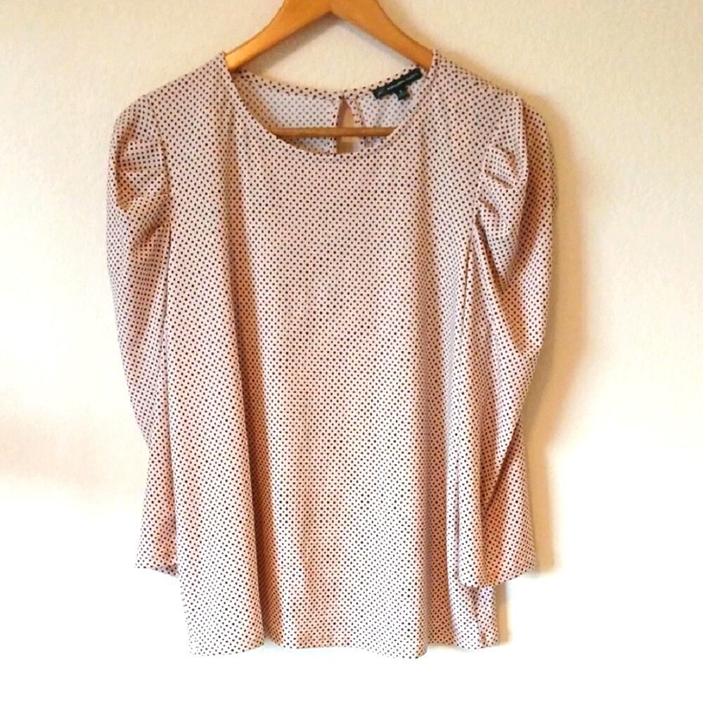 Adrianna Papell Pink Polka Dot Stretch Blouse With Puff Sleeves
